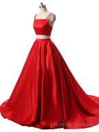 Red Two Pieces Satin Long Prom Dress, Red Satin Formal Prom Dress