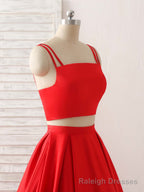 Red Two Pieces Satin Long Prom Dress Simple Red Evening Dress