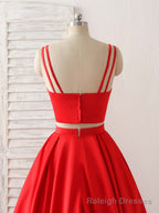 Red Two Pieces Satin Long Prom Dress Simple Red Prom Dress