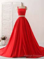 Red Two Pieces Satin Long Prom Dress Simple Red Evening Dress
