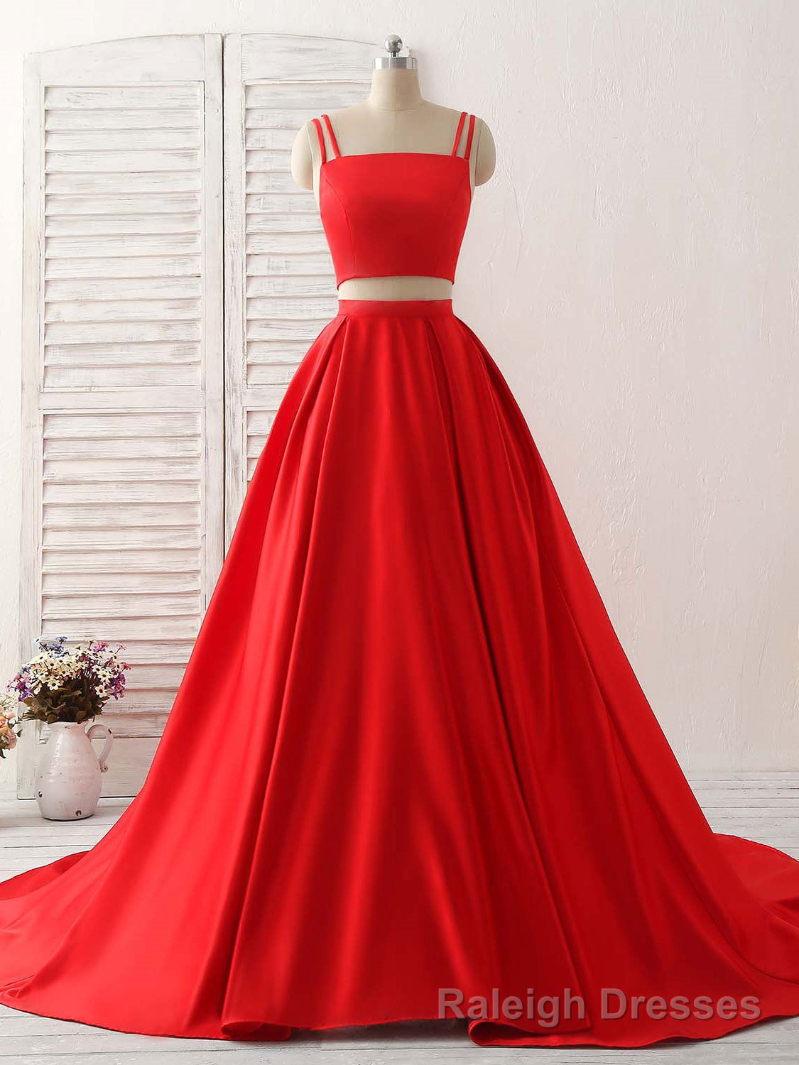 Red Two Pieces Satin Long Prom Dress Simple Red Prom Dress