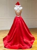 Red V Neck Backless Prom Dresses, Red Open Back Formal Graduation Evening Dresses