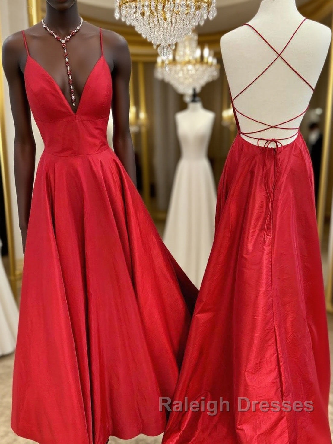 Red v neck backless satin long prom dress red evening dress