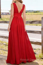Red V Neck Chiffon Floor Length Bridesmaid Dress Long Bridesmaid Dresses With Pleated Split