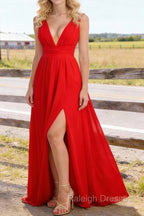 Red V Neck Chiffon Floor Length Bridesmaid Dress Long Bridesmaid Dresses With Pleated Split