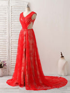 Red V Neck Lace Long Prom Dress, Lace Prom Dress