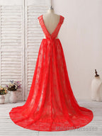 Red V Neck Lace Long Prom Dress, Lace Prom Dress