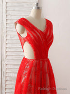 Red V Neck Lace Long Prom Dress, Lace Prom Dress