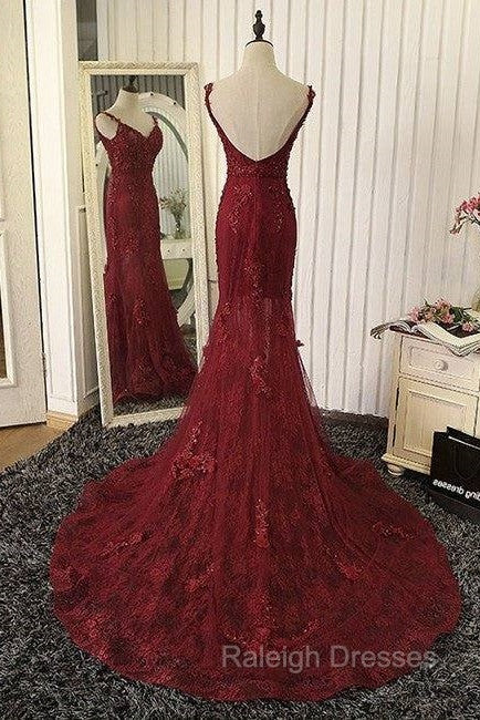 Red V Neck Lace Mermaid Long Prom Dress, Red Evening Dress Secondary image
