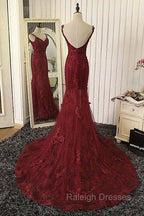 Red V Neck Lace Mermaid Long Prom Dress, Red Evening Dress