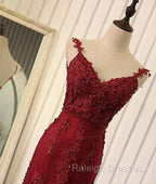Red V Neck Lace Mermaid Long Prom Dress, Red Evening Dress