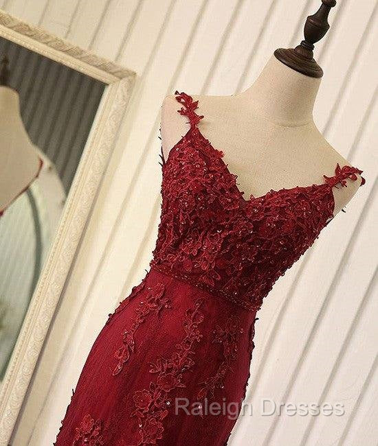 Red V Neck Lace Mermaid Long Prom Dress, Red Evening Dress