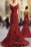 Red V Neck Lace Mermaid Long Prom Dress, Red Evening Dress