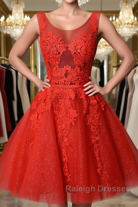 Red v neck lace tulle short prom dress, red homecoming dress Main image