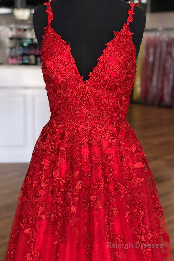 Red V-Neck Leaf Lace Prom Dresses Long Secondary image