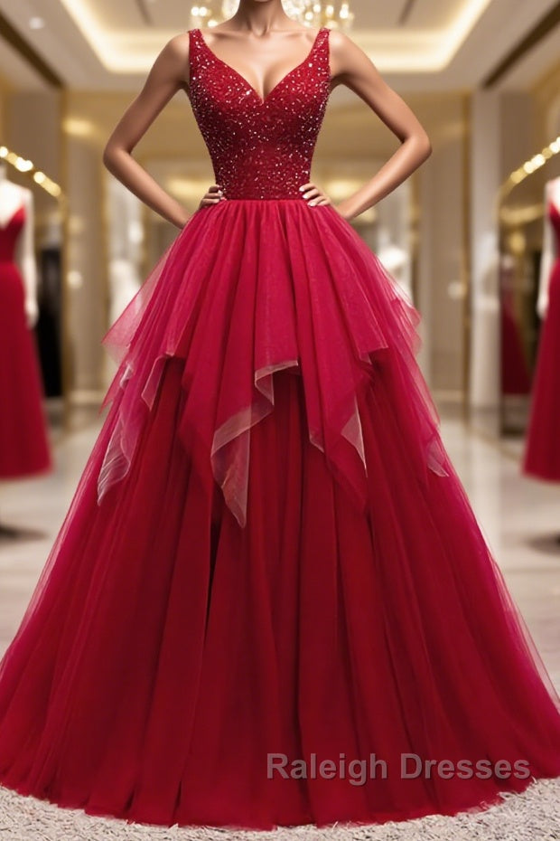 Red V Neck Prom Dress Long with Corset Back Red Floor Length Prom Gown Prom Dress