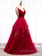 Red V Neck Long Prom Dresses with Corset Back, Red Floor Length Prom Gown, Evening Dresses