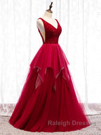 Red V Neck Prom Dress Long with Corset Back Red Floor Length Prom Gown Prom Dress