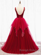 Red V Neck Long Prom Dresses with Corset Back, Red Floor Length Prom Gown, Evening Dresses