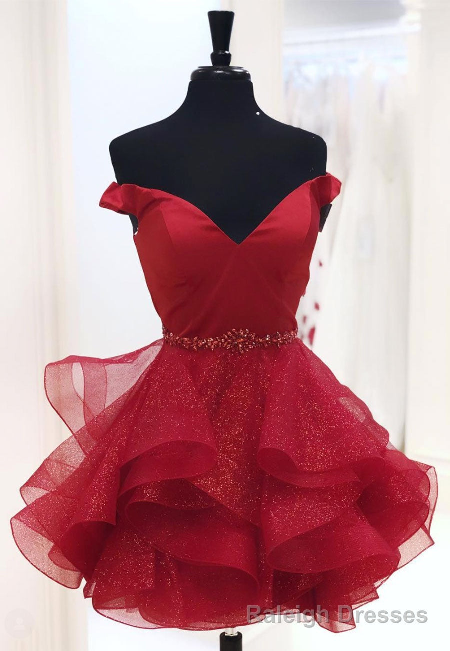 Red V Neck Off the Shoulder Short Prom Dresses
