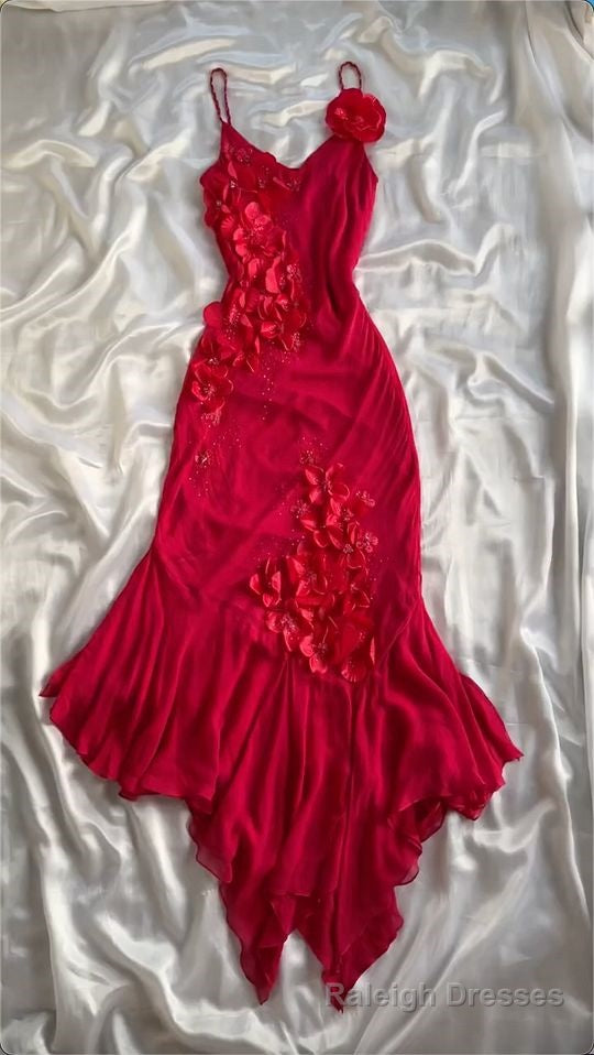 Red V Neck Prom Dress Long Formal Dress With Flowers