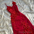 Red V-Neck Prom Dress Long Formal Dress With Flowers