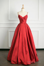 Red V-Neck Satin Long A-Line Prom Dress, Simple A-Line Backless Evening Party Dress