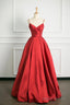 Red V-Neck Satin Long A-Line Prom Dress, Simple A-Line Backless Evening Party Dress
