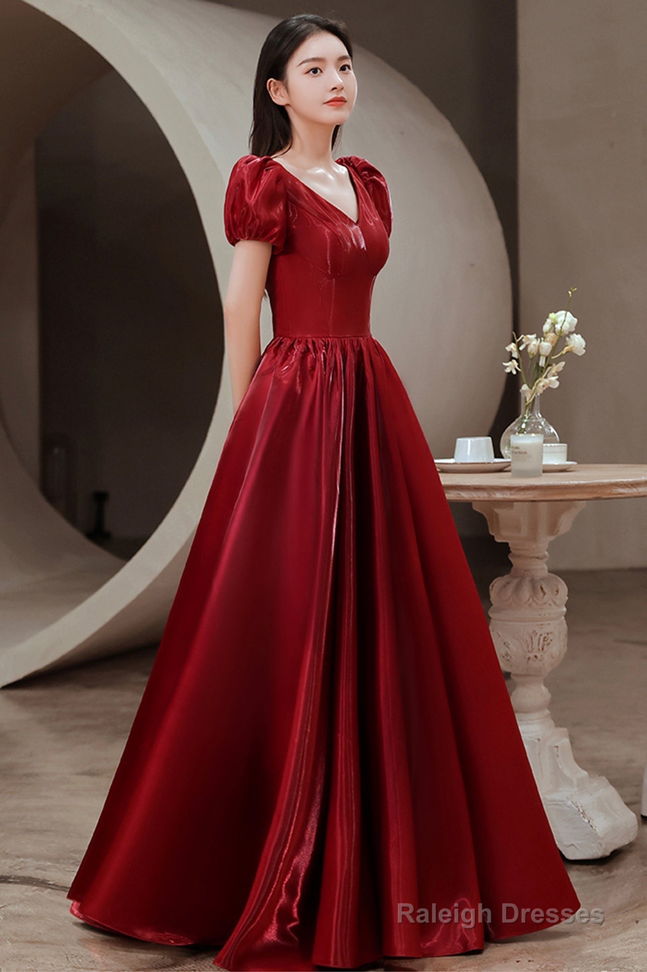 Red V-Neck Satin Long Prom Dress, A-Line Evening Dress Secondary image