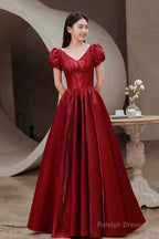 Red V-Neck Satin Long Prom Dress, A-Line Evening Dress