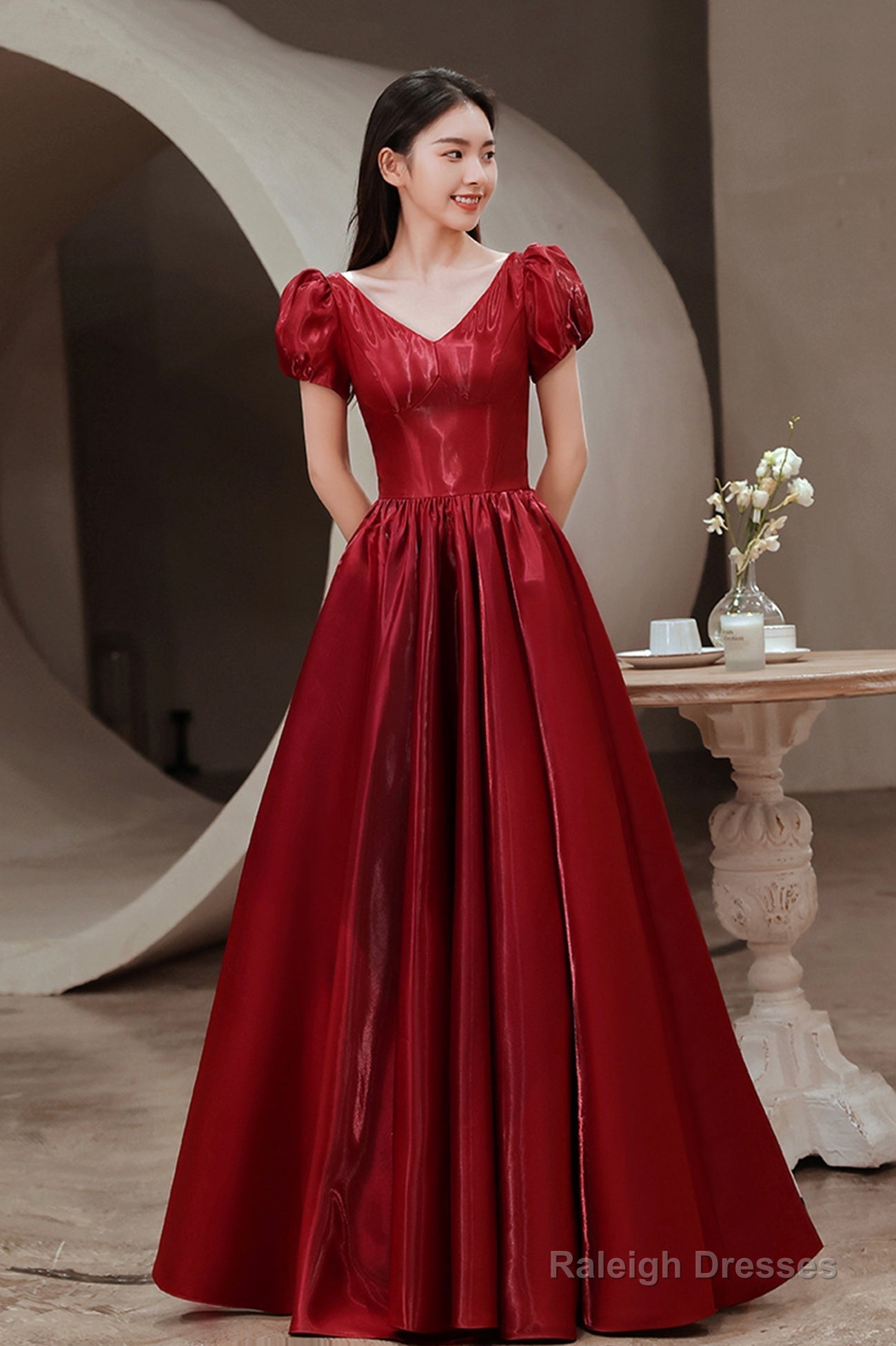 Red V-Neck Satin Long Prom Dress, A-Line Evening Dress