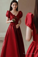 Red V-Neck Satin Long Prom Dress, A-Line Evening Dress