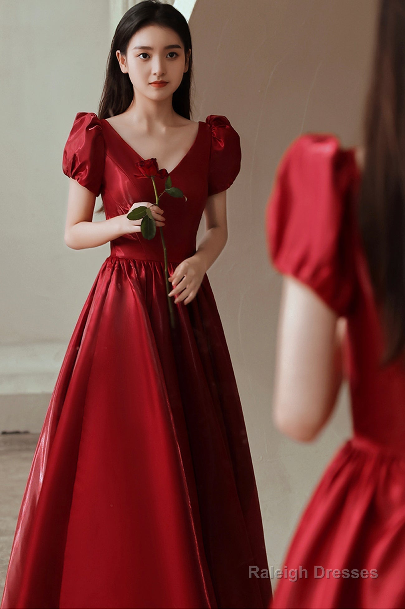 Red V-Neck Satin Long Prom Dress, A-Line Evening Dress