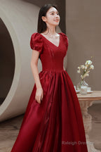 Red V-Neck Satin Long Prom Dress, A-Line Evening Dress