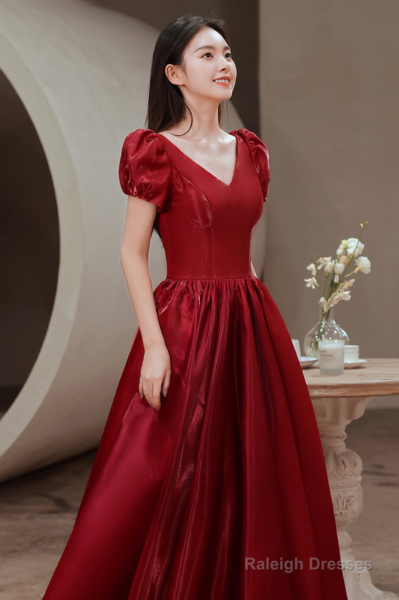 Red V-Neck Satin Long Prom Dress, A-Line Evening Dress