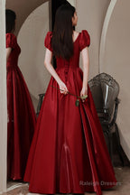 Red V-Neck Satin Long Prom Dress, A-Line Evening Dress
