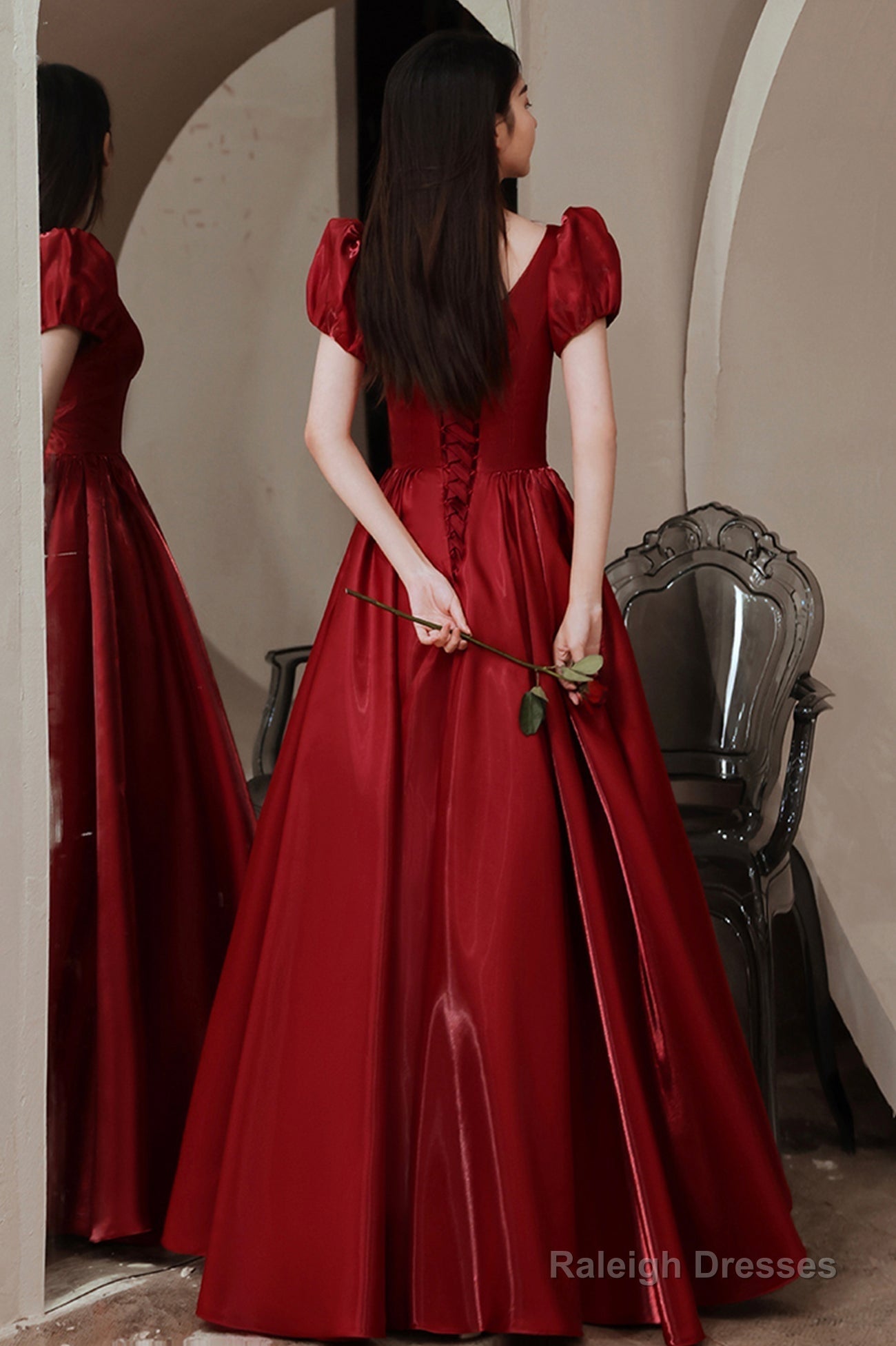 Red V-Neck Satin Long Prom Dress, A-Line Evening Dress