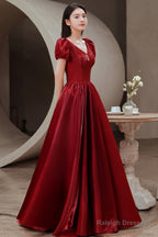 Red V-Neck Satin Long Prom Dress, A-Line Evening Dress