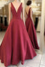 Red V Neck Satin Long Prom Dress, Red Evening Dress