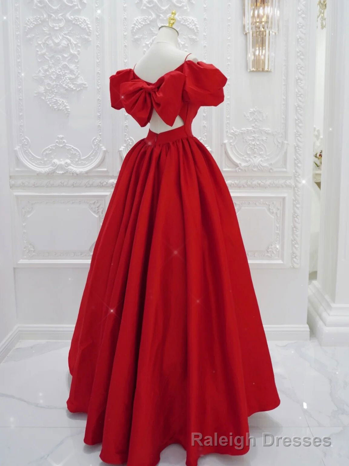 Red V Neck Satin Long Prom Dress, Red Formal Evening Dresses Secondary image
