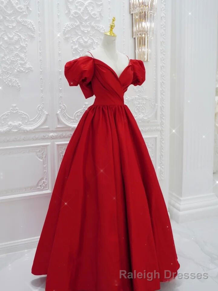 Red V Neck Satin Long Prom Dress, Red Formal Evening Dresses Main image