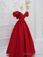 Red V Neck Satin Long Prom Dress, Red Formal Evening Dresses