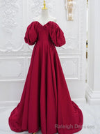 Red V Neck Satin Long Prom Dress, Red Puff Sleeves Satin Long Formal Dress