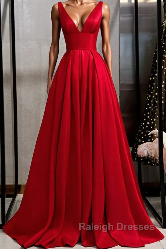 Red v neck satin Prom Dresses Long simple red Prom Dresses Main image