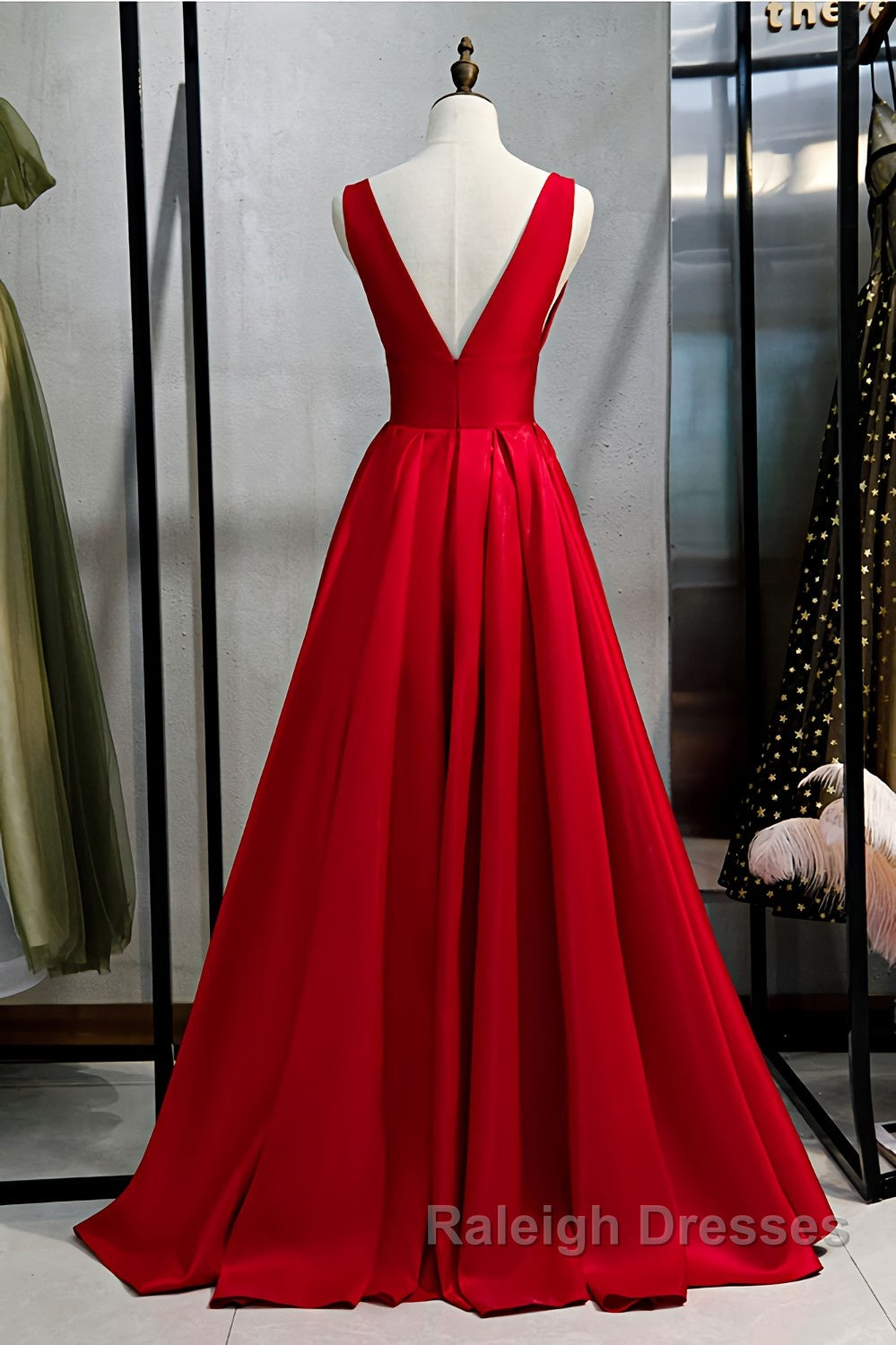 Red v neck satin long prom dress simple red evening dress Secondary image