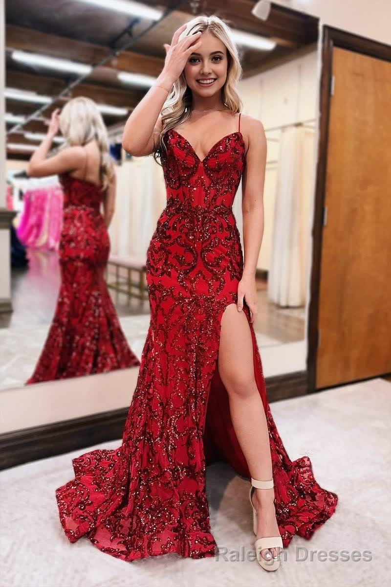 Red V Neck Sequins Lace Mermaid Prom Dresses with Slit Main image