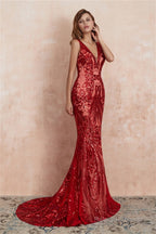 V-Neck Sequins Mermaid Sleeveless Lace-up Prom Dresses