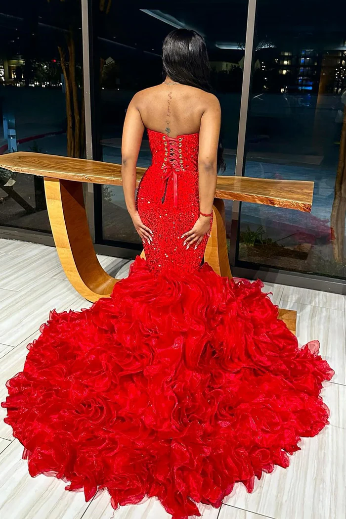 Red V-Neck Strapless Ruffles Mermaid Sleeveless Gorgeous Prom Dresses Secondary image