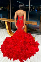 Red V-Neck Strapless Ruffles Mermaid Sleeveless Gorgeous Prom Dresses