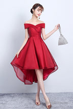 Red V-Neck Tulle High Low Prom Dress, Off The Shoulder Party Dress